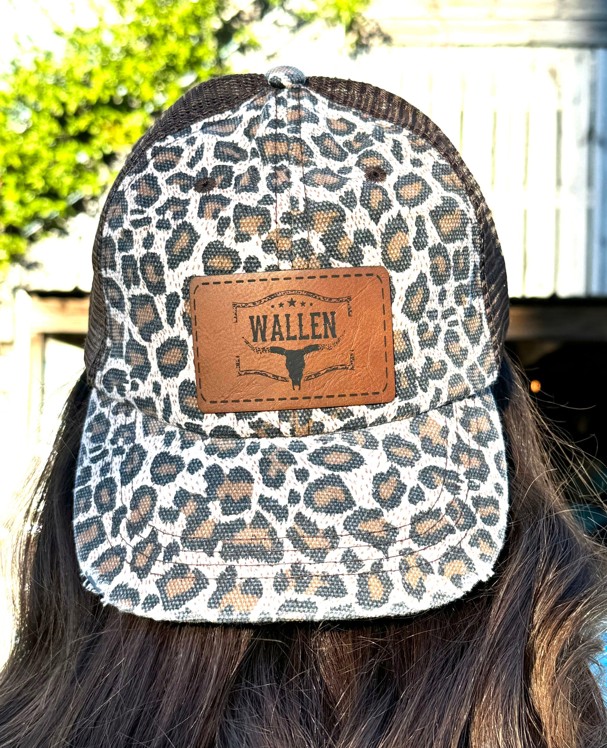 Women’s Leopard Trucker Hat – Leopard Print with Black or Brown Mesh Leather Patch Bull Cow Silhouette ’Wallen’