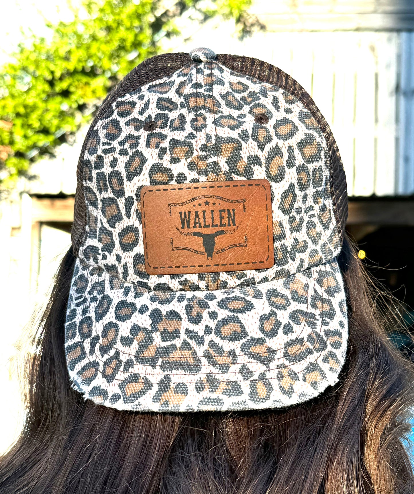 Women’s Leopard Trucker Hat – Leopard Print with Black or Brown Mesh Leather Patch Bull Cow Silhouette ’Wallen’