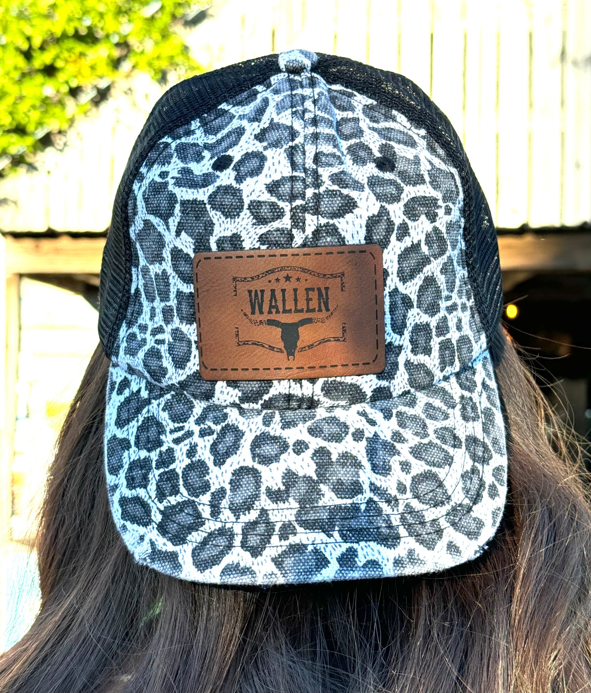 Women’s Leopard Trucker Hat – Leopard Print with Black or Brown Mesh Leather Patch Bull Cow Silhouette ’Wallen’