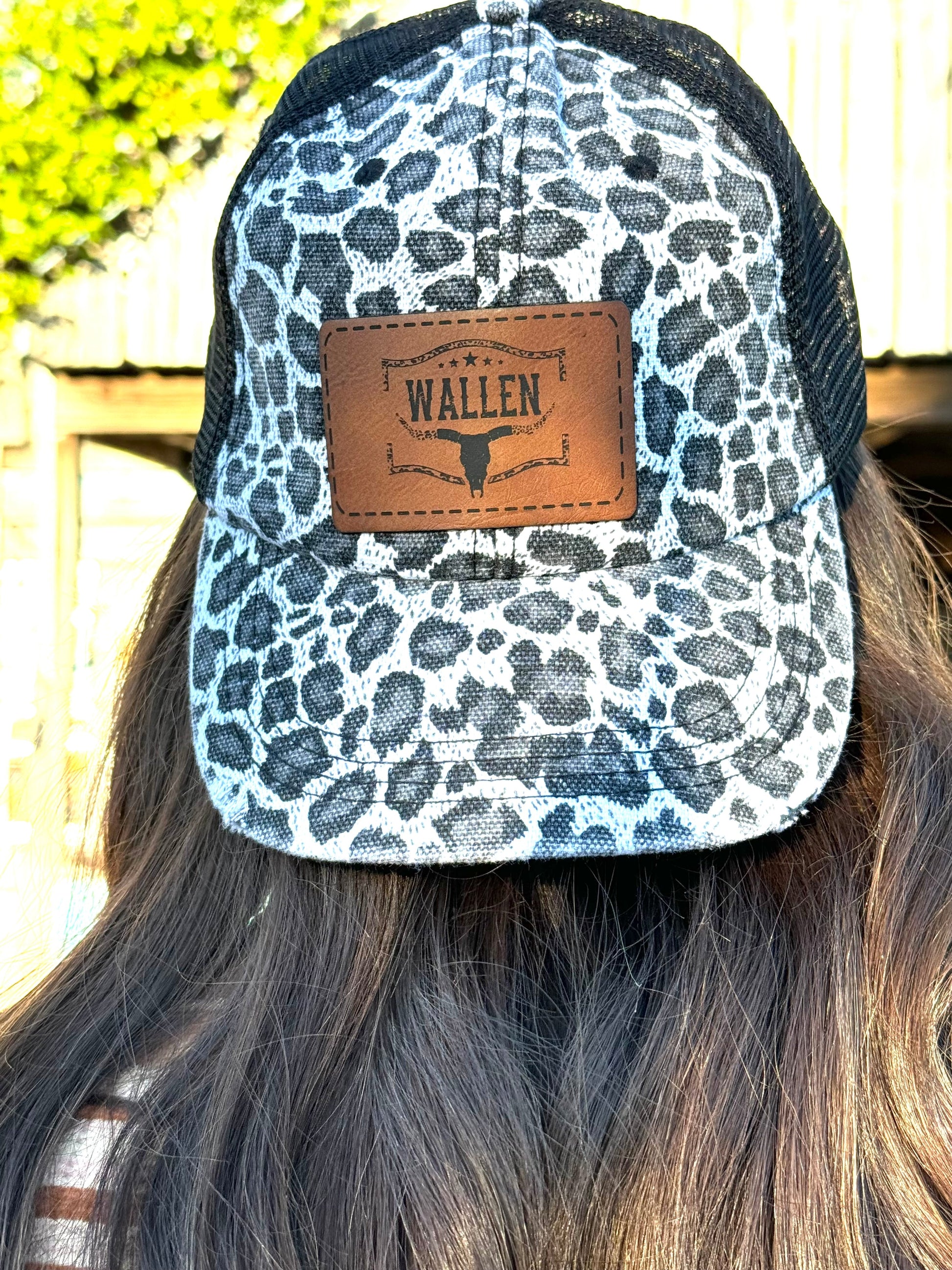 Women’s Leopard Trucker Hat – Leopard Print with Black or Brown Mesh Leather Patch Bull Cow Silhouette ’Wallen’